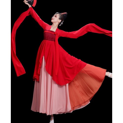 Red Chinese folk classical dance costumes female water sleeves classical dance suit Chinese wind art exam fan dance clothes ancient Chinese fairy dance hanfu